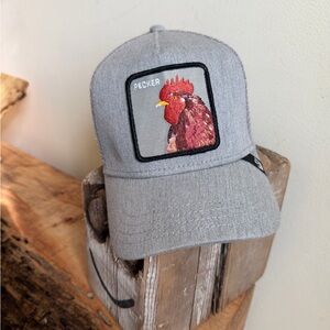 Goorin Bros “Pecker” Rhode Island Red Gray Rooster Patch Trucker Cap